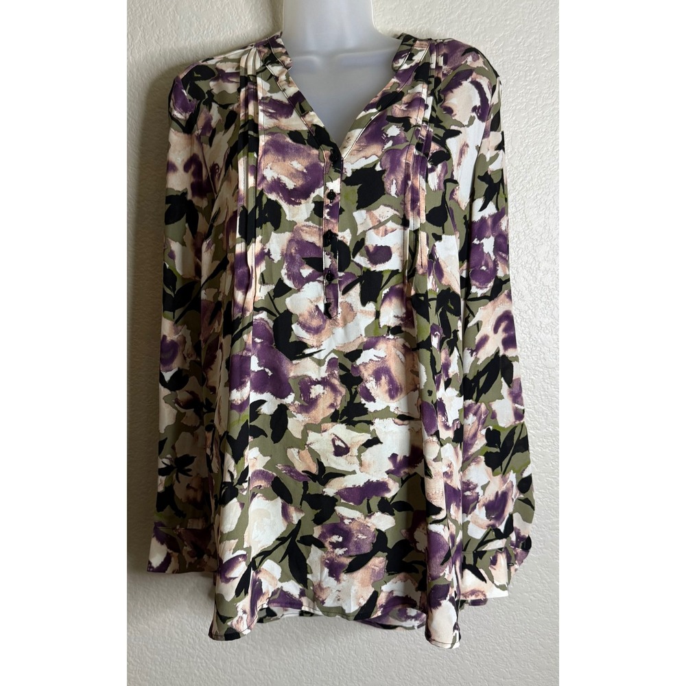 Simply Vera Wang Womens Large Blouse Purple Green Floral Pleated Henley Tunic